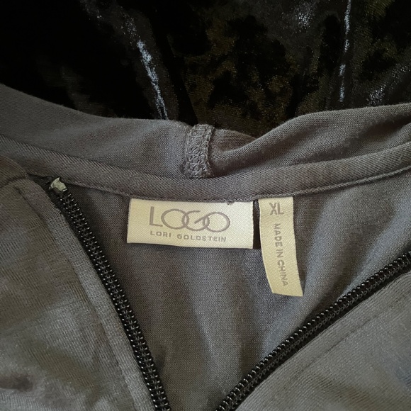 LOGO Lori Goldstein Grey Zip Up Hoodie Jacket with Black Velvet Hem - Picture 4 of 5